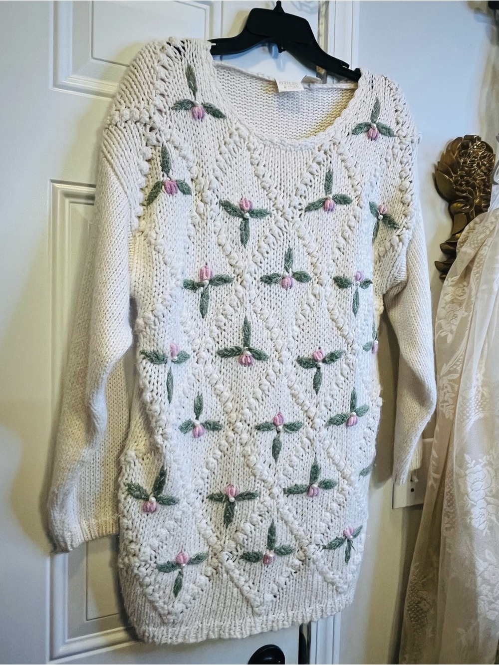 Vtg 80s 90s Needles & Yarn Floral Knit Cottagecore Coquette Sweater M Pearl - Picture 2 of 10